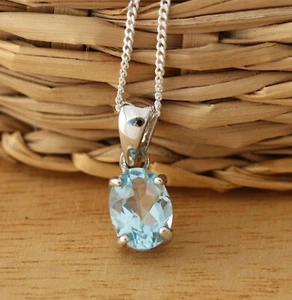 Natural Sky Blue Topaz 925 Sterling Silver Dainty Pendant Necklace Boxed - Picture 1 of 6
