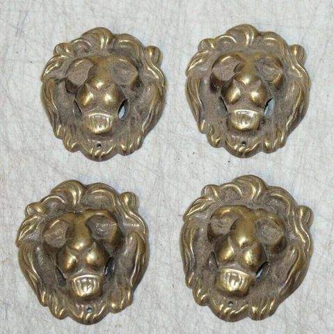 4 Vintage Antique Lion Head Heavy Brass Drawer Handles Pulls Salvage Hardware Cover