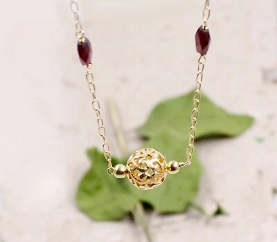 Collana in argento sterling 925 con granato placcato oro e gioielli design fi... - Immagine 1 di 4