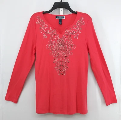 Karen Scott Shirt Women Size M Coral Pink Long Sleeve Beaded V-Neck Casual Top - Image 1 of 4