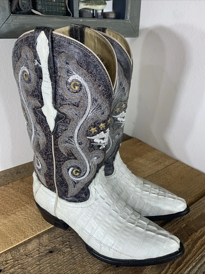 Botas de Vaquero El General Para Hombre Talla: 7 Cuero Crema/Gris Cola de Cocodrilo Bordada Foto 1 de 4