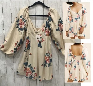 NWT Free People Francesca Boho Mini Dress Ivory Floral Long Sleeve V-Neck Sz XS - Picture 1 of 12