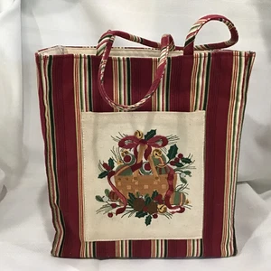 Longaberger Basket Christmas Tote Bag Holiday Stripes 2005 Fabric Bag 9"x8"x4" - Picture 1 of 8