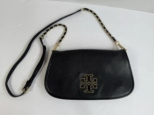 Tory Burch Britten Clutch Crossbody Bag Black Chain Strap Large Metal Logo Purse - Picture 1 of 14