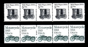 👀Briefmarken USA - 5 Cent Motorrad & Milchwagen Platte nummeriert Spulenstreifen 5 Stück - Bild 1 von 5