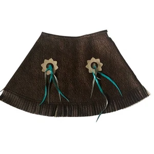 Little Girl 4 Faux Leather Brown Cowgirl Skirt Fringed Blue Ribbon Flowers Rodeo - Picture 1 of 12