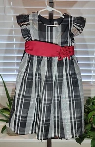 Cherokee 4T Black White Silver Plaid Thread Burgundy Red Rose Ribbon Dress - Picture 1 of 3