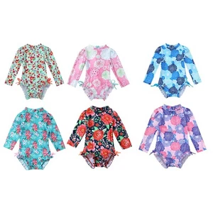 Infant Baby Girls One-piece Long Sleeves Floral Printed Swimwear Suit Rash Guard - Picture 1 of 84