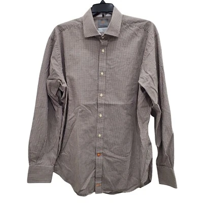 Camisa social Thomas Dean masculina marrom branca micro xadrez Gingham punho flip LS tamanho G - Imagem 1 de 4