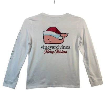 Vineyard Vines Kids Christmas Whale Long Sleeve T-Shirt Holiday Santa White M 10 - Image 1 of 3