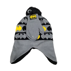 Batman Snow Winter Beanie Hat Mitten Gloves Boys Child Set DC COMICS Gray black - Picture 1 of 2