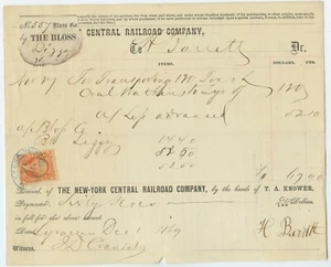 1869 New York Central Railroad Co. Waybill with Revenue Stamp - Picture 1 of 2