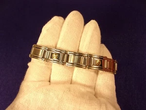 FANTASTIC 8" STAINLESS STEEL & 18K YELLOW GOLD ("BUTTONS") PANEL LINK BRACELET - Picture 1 of 12