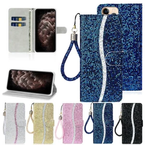 For iPhone 7 8 Xs 11 12 13 14 15 16 Glitter Flip Leather Wallet Cover Case Strap - Picture 1 of 46