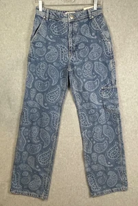 NEW Pull & And Bear Blue Denim Jeans Paisley Print Women's Size 4 Cargo Straight - Picture 1 of 16