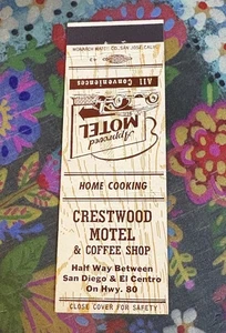 Matchbook Cover Crestwood Motel & Coffee Shop San Diego El Centro B19 - Picture 1 of 2