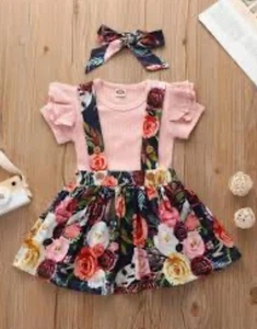 New 3pc Girls Solid Pink Top, Floral Suspender Skirt, Headband. Size 3-4 Years - Picture 1 of 3