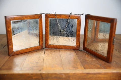 Antique 1800s tri fold Dresser Vanity shaving mirror hanging oak wood frame Cover