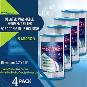 Big Blue Pleated Sediment Water Filters 4 Washable 5 Micron Cartridges 4.5 x 10 - Picture 1 of 6