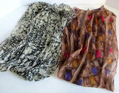 2 Vtg Scarves Scarf Sheer Taupe w Silver Metallic 52"/Brown Rust Red Purple 66" - Image 1 of 4