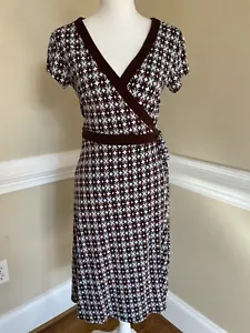 Max & Cleo Wrap Dress, Womens Petite Medium, Geometric Blue & Brown, Jersey - Picture 1 of 12