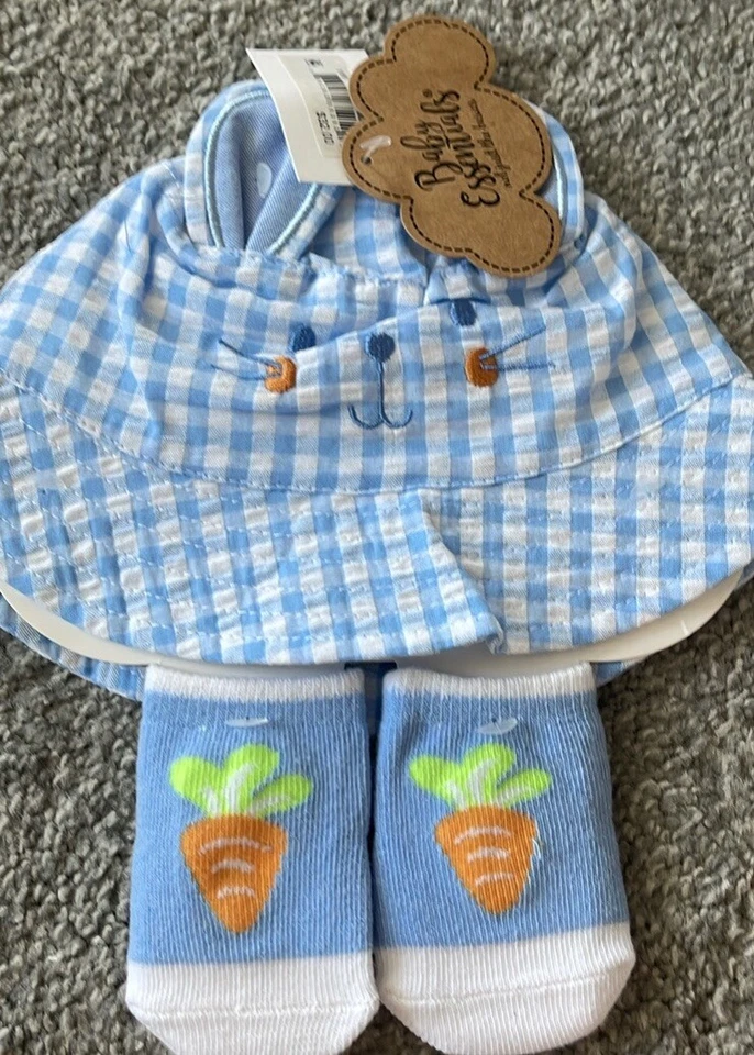 NEW 0-6 MO. BLUE & WHITE PLAID BUNNY HAT AND CARROT SOCK SET - Image 1 of 1