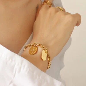 Fashion Woman 18K Gold Plated Lucky Love Rolo link Chain Bracelet Bangle - Picture 1 of 7