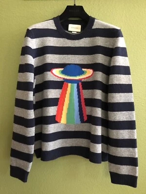 Suéter OVNI 100 % Auténtico GUCCI Plante Intarsia Azul y Gris Rayas $1350 + Impuestos Foto 1 de 4