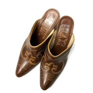 FRYE Phoenix High Heel Mules Embroidered Leather Slip On Brown 7 - Picture 1 of 6