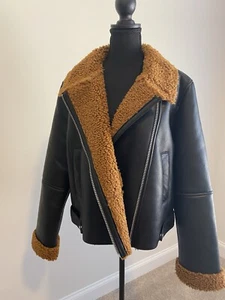 Women’s Black Faux Leather Shearling Moto Jacket - Picture 1 of 5