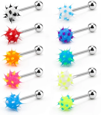 10Pcs Surgical Steel Spiky Acrylic Fire Tongue Nipple Ear Rings Bar Barbell Stud - Image 1 of 4