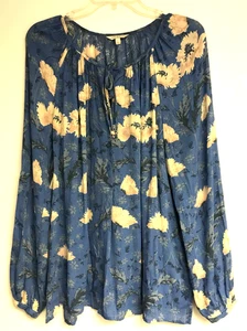 Lucky Brand Women's Large Blue Floral Boho Long Sleeve Tie Neck Peasant Top - Picture 1 of 13
