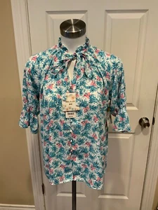 Paul & Joe UNIQLO Blue/Pink Floral Print Ruffle T-Neck Top, Size XS NWT - Picture 1 of 6