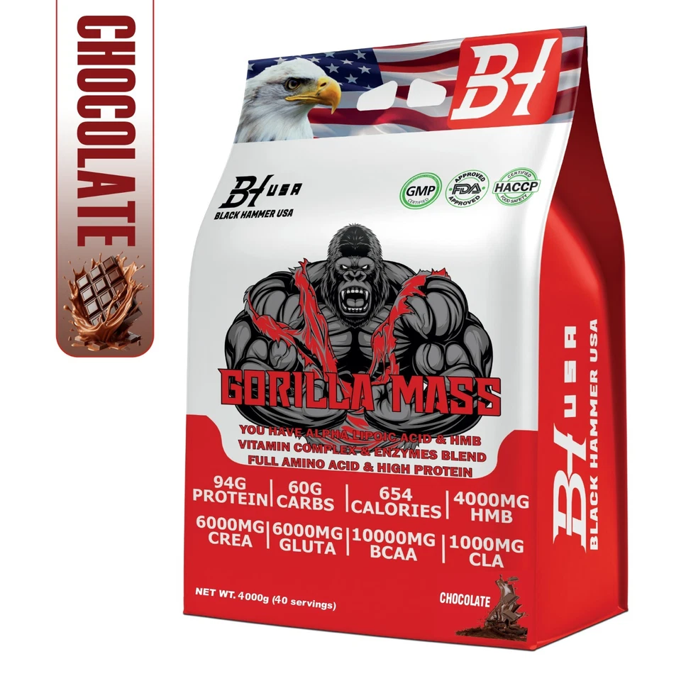GORILLA Mass Gainer 4KG Chocolate | Muscle Gain CLA HMB | Black Hammer USA - Bild 1 von 4