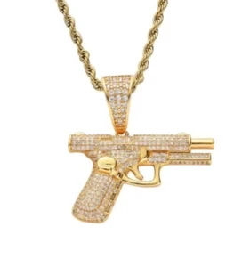 Cadena Moderna Dije De Pistola Con Diamantes De Imitación Chapada En Oro - Picture 1 of 3