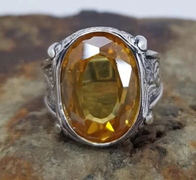 Solid 925 Sterling Silver AA Yellow Citrine Zircon Gemstone Signet Men's Ring - Imagem 1 de 4