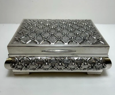 ANTIGUA CAJA BARATIJA CON BISAGRAS INTERIOR TELA AZUL MARINO PLATA 900 6" ~732 GRAMOS~ Foto 1 de 4