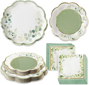 Sage Green Eucalyptus Floral Party Tableware Set, 62 Pieces for 16 Guests - Picture 1 of 12
