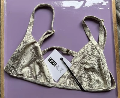 NWT BEACH RIOT Triangle Bikini Top Sz L VENOM Snakeskin Gray Beige Sexy Made USA - Image 1 of 4