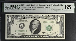 $10 1963A  FRN Philadelphia Fr#2017-C (CB Block)   S/N C00000009B pp A - Picture 1 of 2