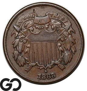 1868 Two Cent Piece, Choice AU+ - Picture 1 of 3