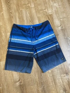 OAKLEY Mens Board Shorts Blue White Black Stripe Stretch Size 38 EUC - Picture 1 of 6