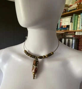 VINTAGE Brass Wire Torque Choker Artist Bead Pendant Drop NECKLACE - Picture 1 of 6
