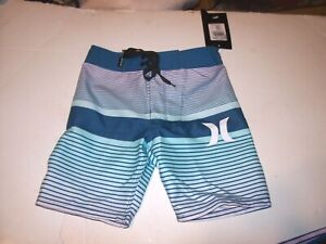 NEW Hurley teal blue stripe boys youth swim board shorts swimsuit sz 6
