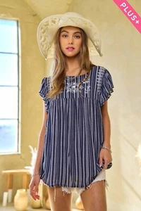 Neu mit Etikett Designer bestickt Plus Davi Boho marineblau Flatter Blumen Bauerntop 1X 2X 3X - Bild 1 von 5