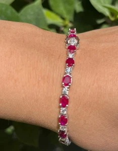 9.50 Ct Natural Red Oval Ruby Diamond Link Tennis Bracelet 14K Real White Gold - Picture 1 of 5