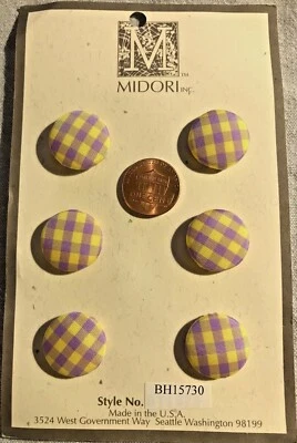 6 MIDORI Domed Lilac & Yellow Plaid Fabric Covered Buttons 1 Card 19mm 3/4" - Image 1 of 2