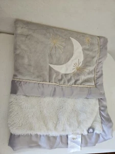 Lambs & Ivy Satin Trim Silver Gray Moon Gold Starburst Baby Blanket White Stars - Picture 1 of 6