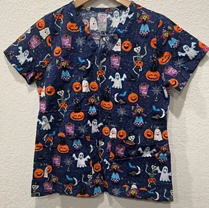 Peaches Women’s M- V Neck Halloween Scrub Top - Picture 1 of 5