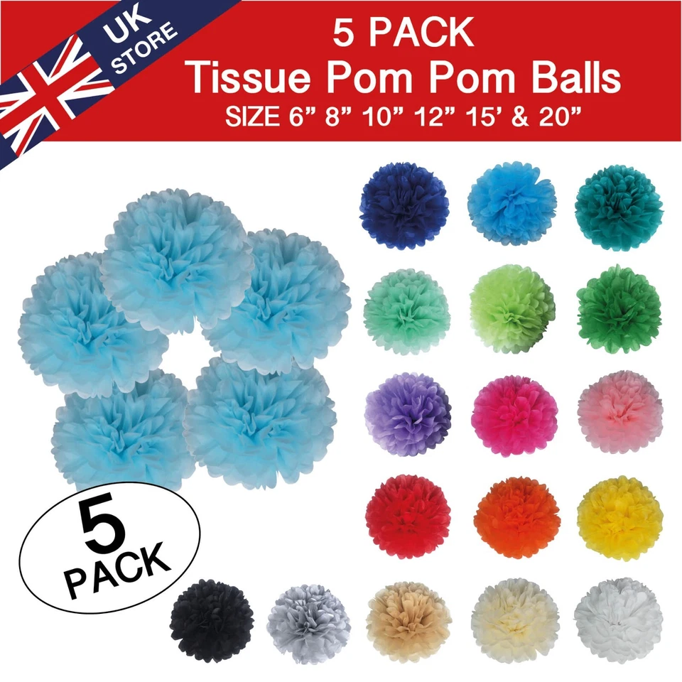 5 PACK of 6" - 20" PAPER POM POMS Wedding Birthday Party Event Decoration UK - Image 1 of 1
